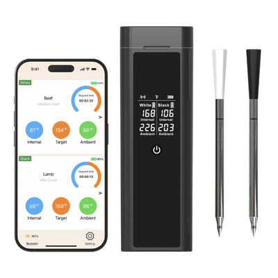 Good price IP67 방수 스마트 무선 고기 온도 측정기 전화 APP로 제어 LCD 화면으로 듀얼 프로브 온도 측정기 온라인으로